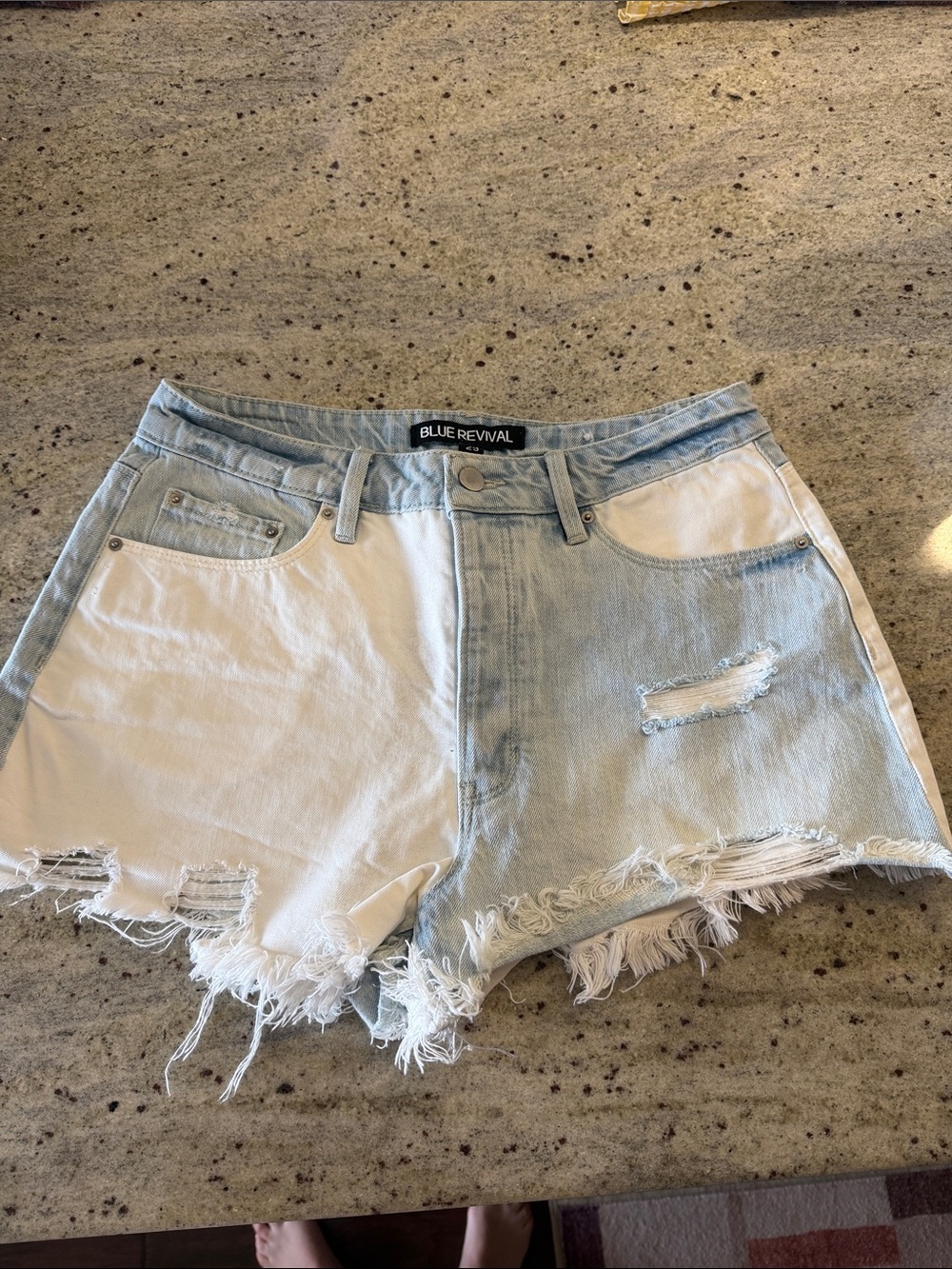 Blue Revival Two-Tone Light Blue & White Distressed Denim Shorts